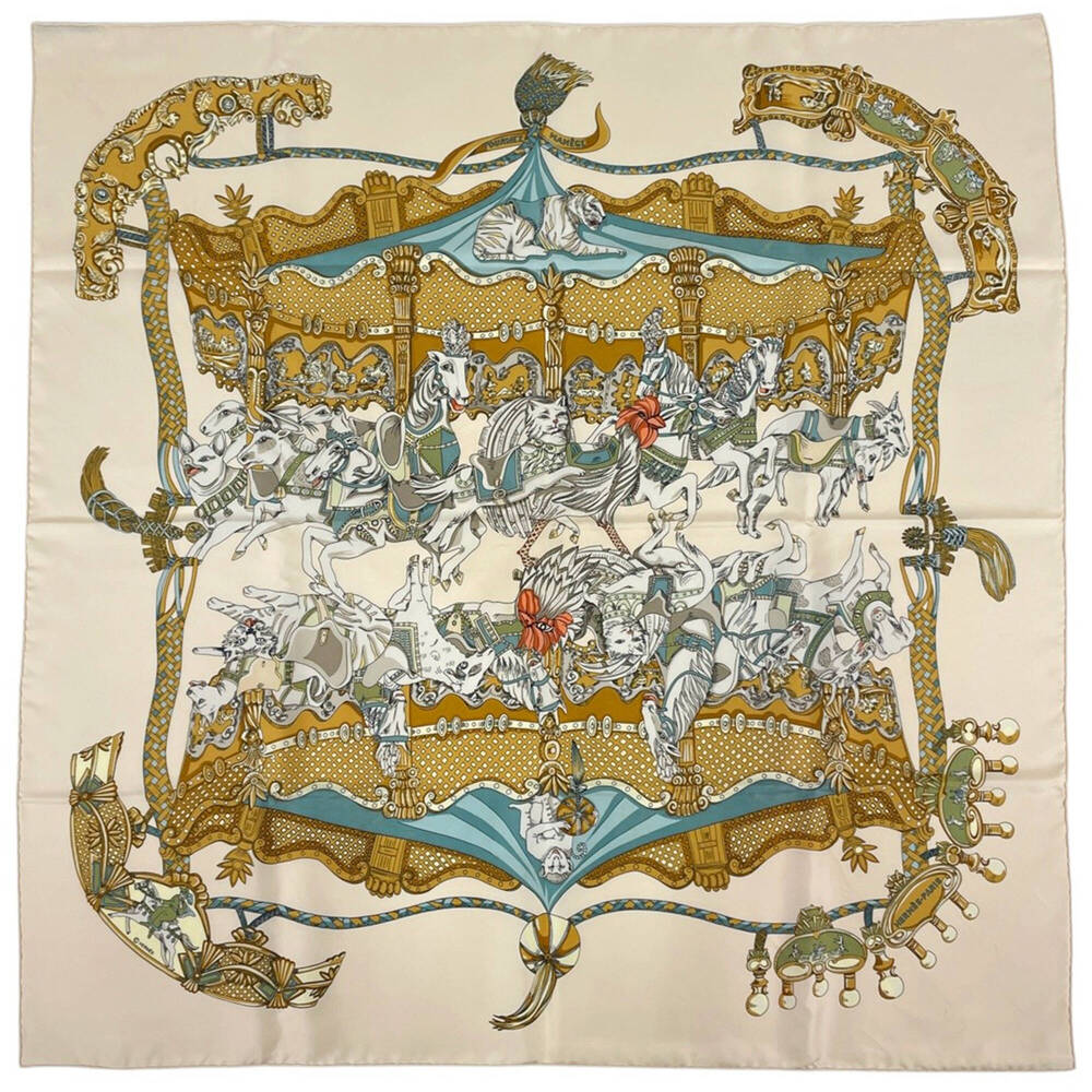 Hermes Carre 90 Tournez Manege Scarf/Muffler, Silk, Beige, Multicolor, Women's